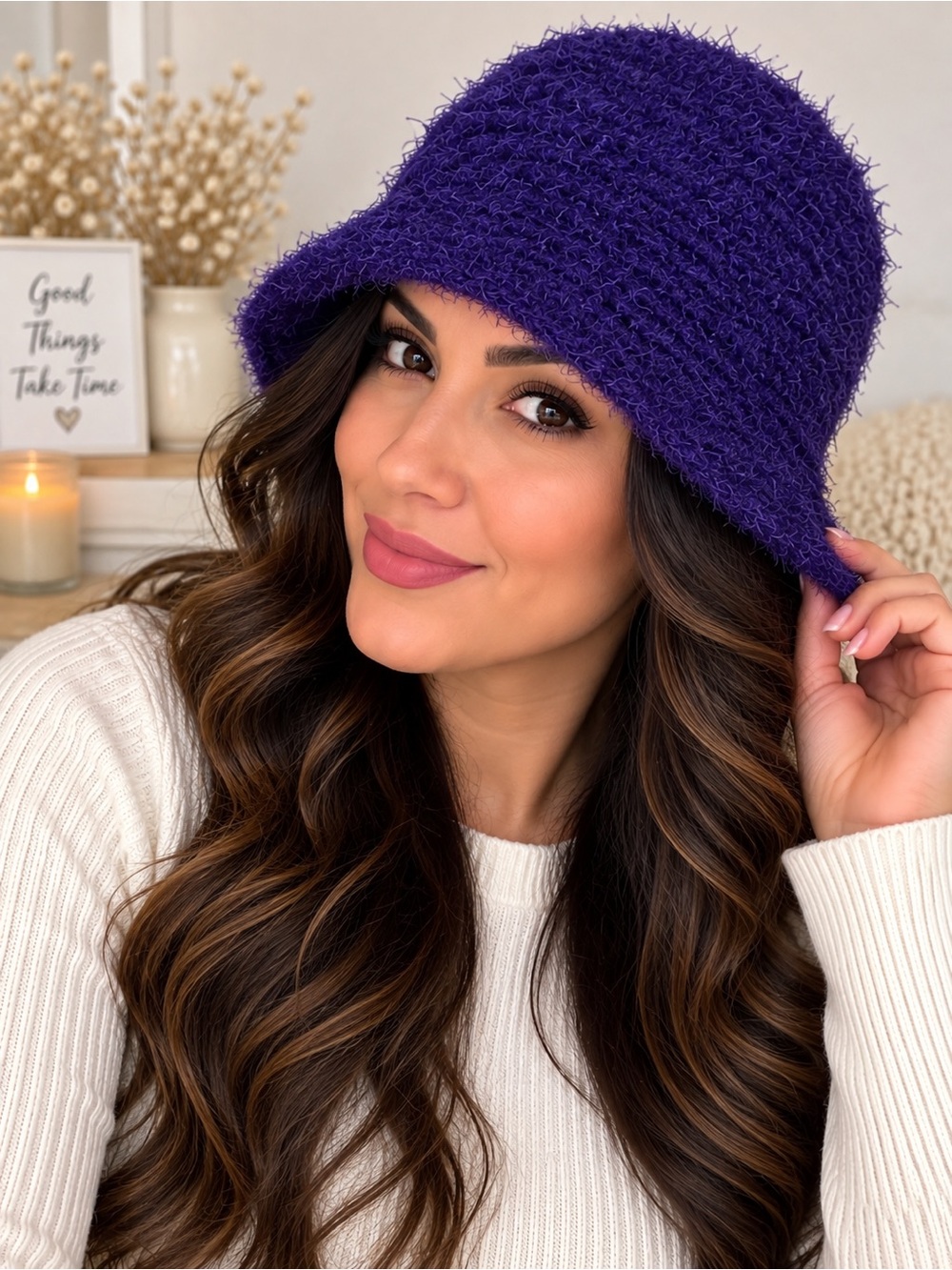 NEW Handmade Fuzzy Bucket Knit Hats Women’s Size OS Pink & Purple Set of 2